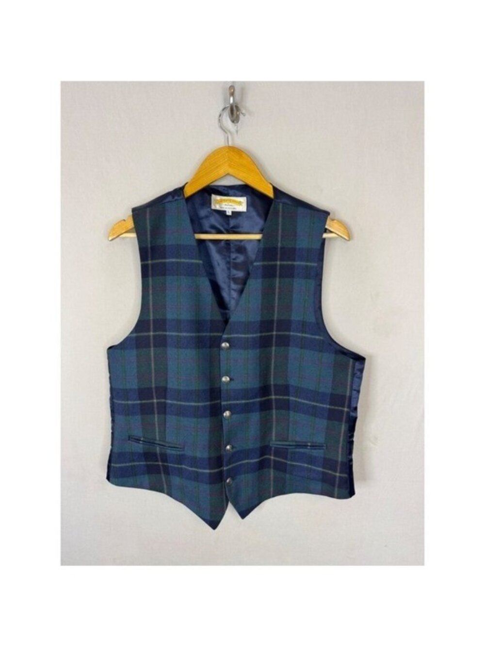 James Pringle Weavers Scotland Wool Vest Mens Large Plaid Tartan Waistcoat Navy